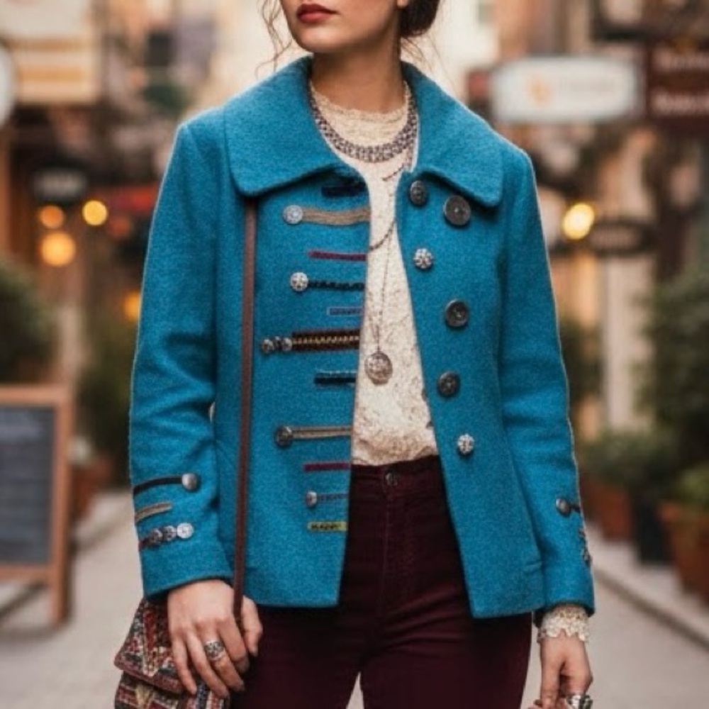 Wool Blend Teal Pea Coat - Women's Short Military-Inspired Jacket